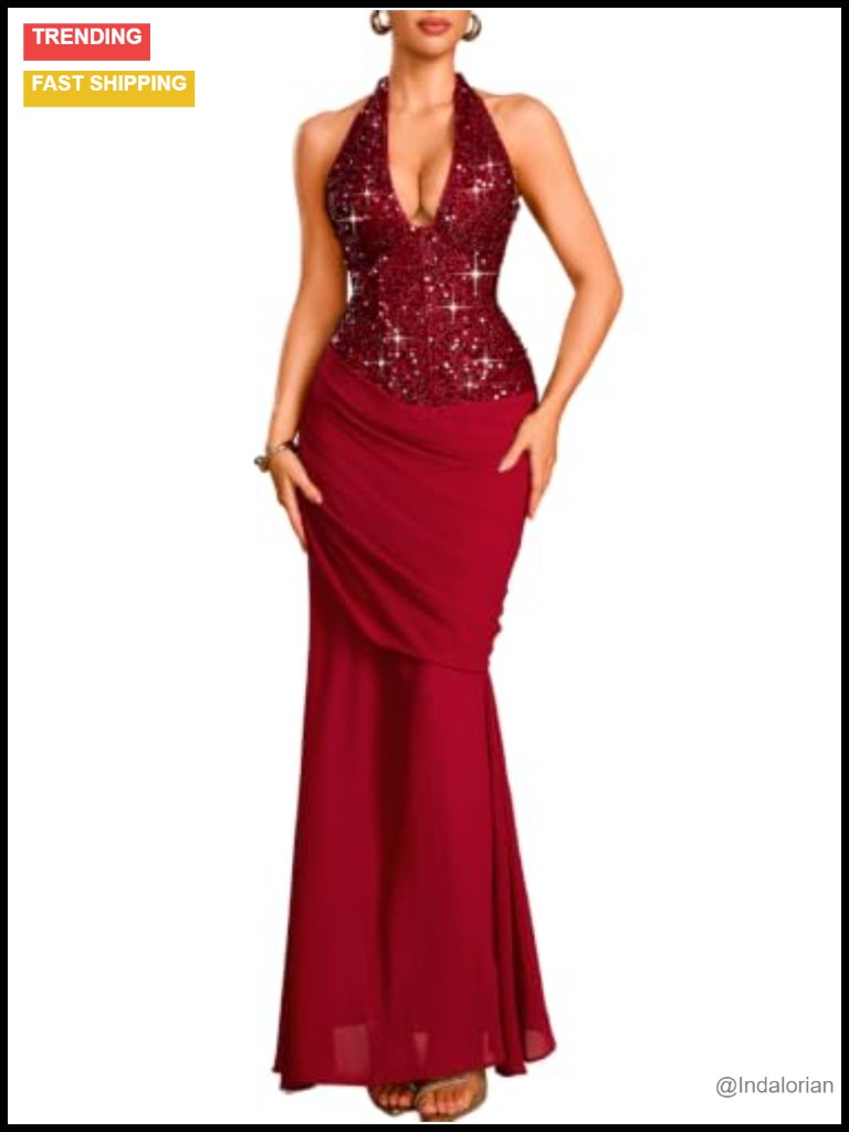Sequin Halter Floor Length Formal Gown With Underwire Support And Lace-Up Back